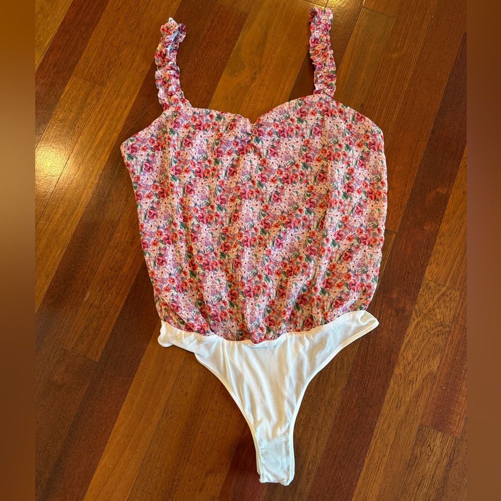 Lush Pink Floral Sweetheart Neckline Bodysuit